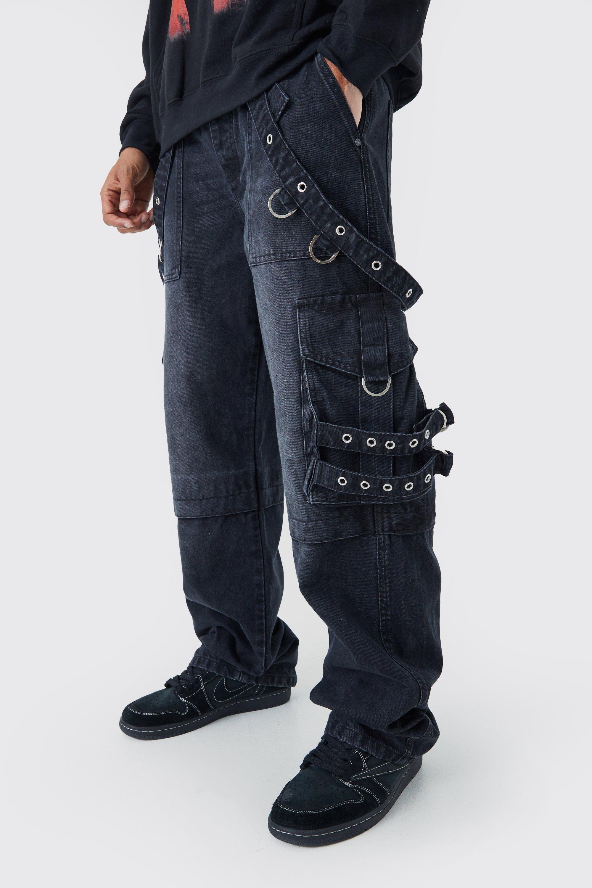Baggy Rigid Cargo Strap Jeans In Washed Black | boohooMAN USA